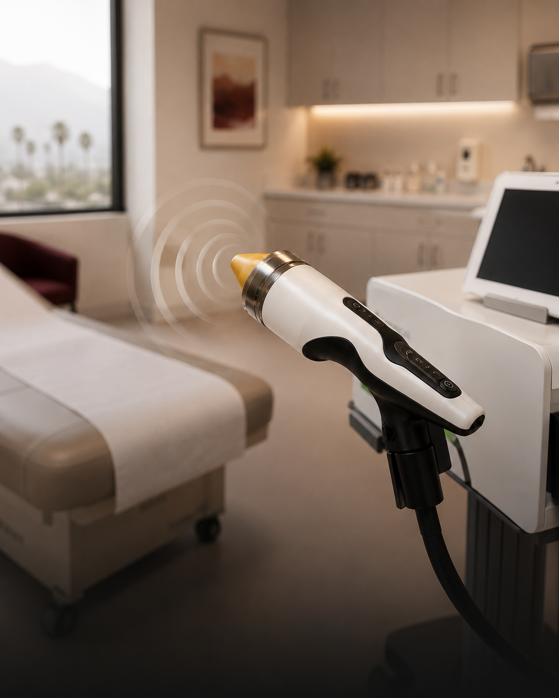 Handheld low-intensity shockwave therapy applicator with a gold treatment tip in a calm Palm Springs treatment room.