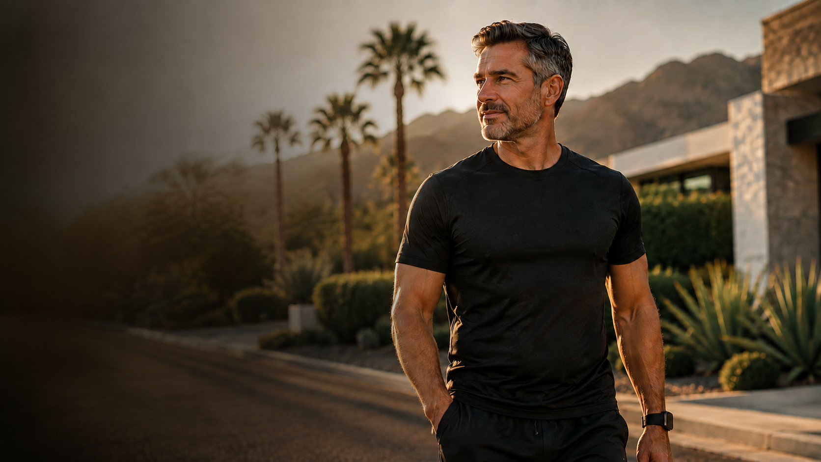 Man walking on a Palm Springs street at golden hour