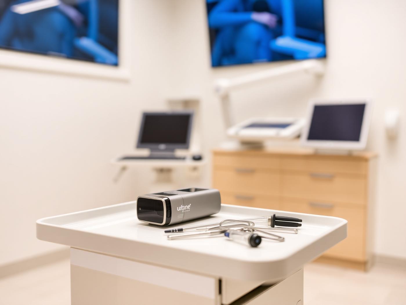 In-office urology procedure suite with a minimally invasive treatment device on a sterile tray
