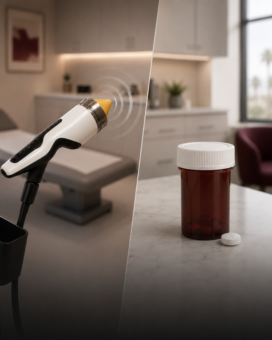 Split image comparing a shockwave therapy applicator with a bottle of oral medication.