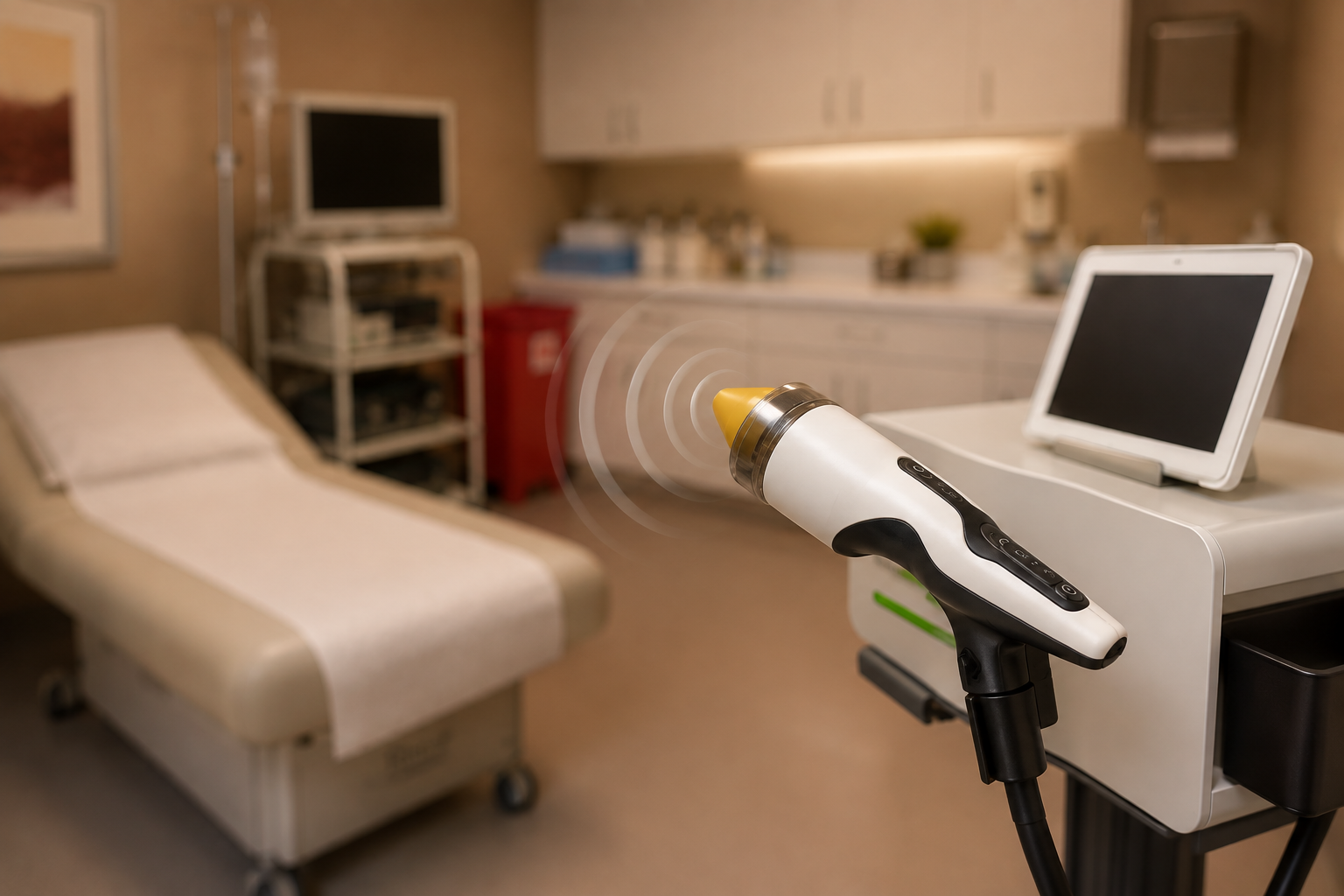 Shockwave therapy applicator with a gold tip beside a treatment table in a clinical room.