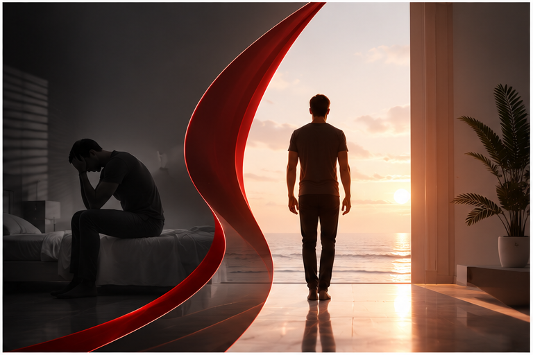 A man at a threshold between concern and renewed confidence
