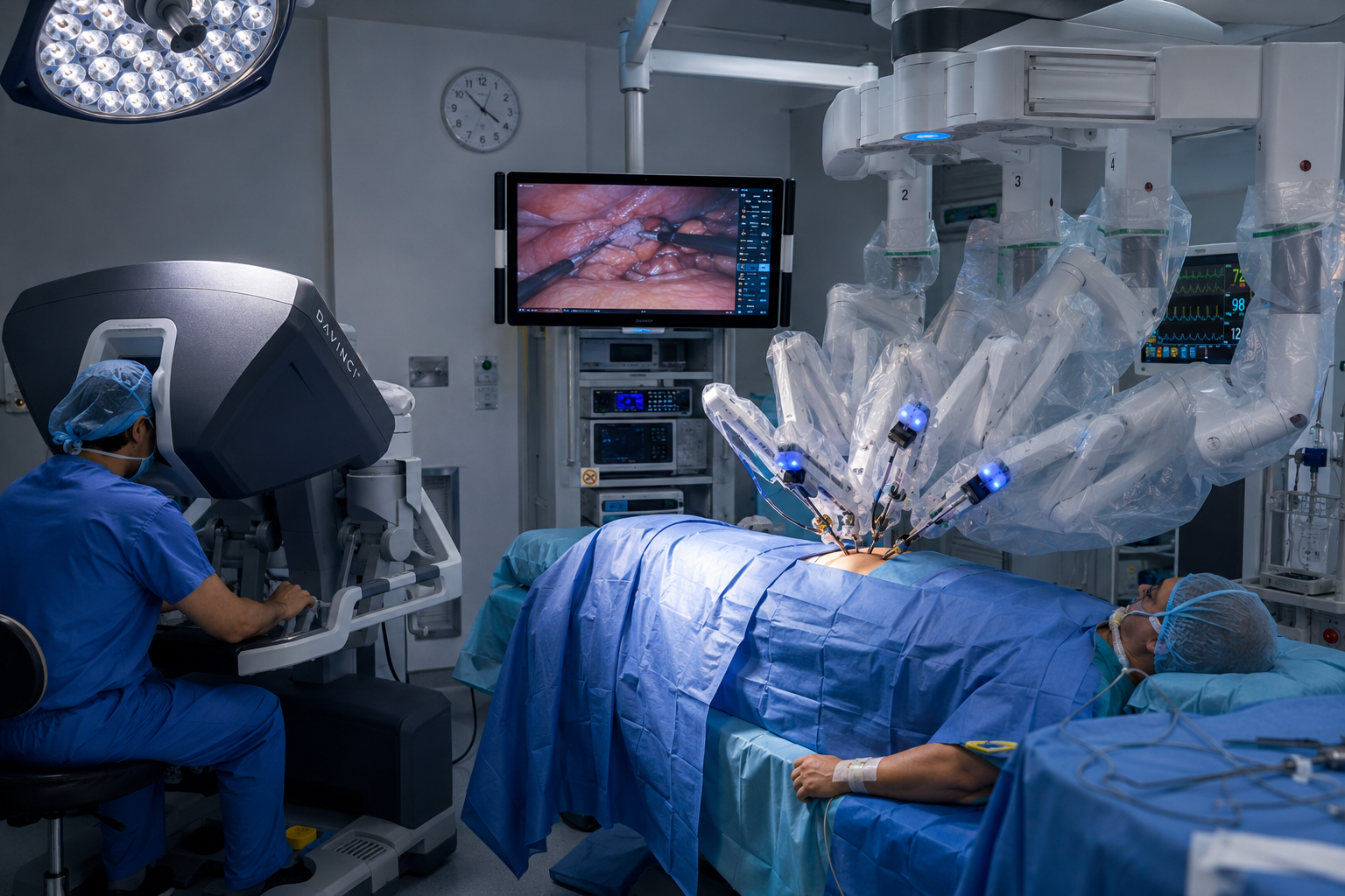 Surgeon operating the da Vinci robotic surgical system in a modern operating theatre