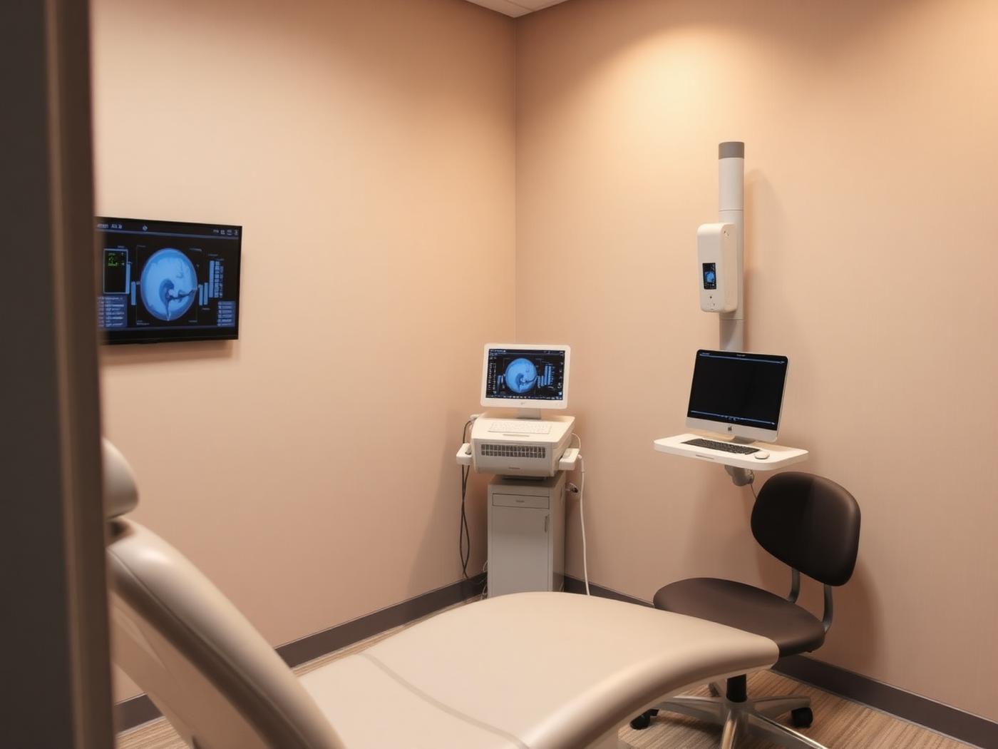 Private bladder therapy treatment room with exam chair and monitor