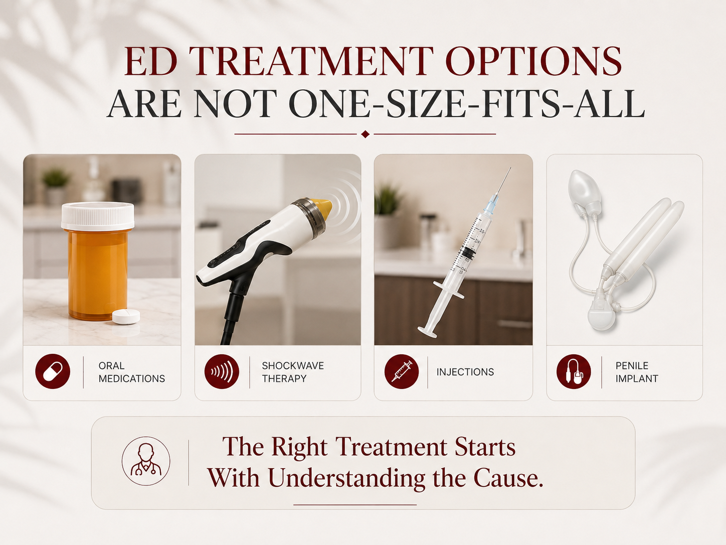 Four erectile dysfunction treatment approaches shown side by side: oral medications, shockwave therapy, injections and penile implant.