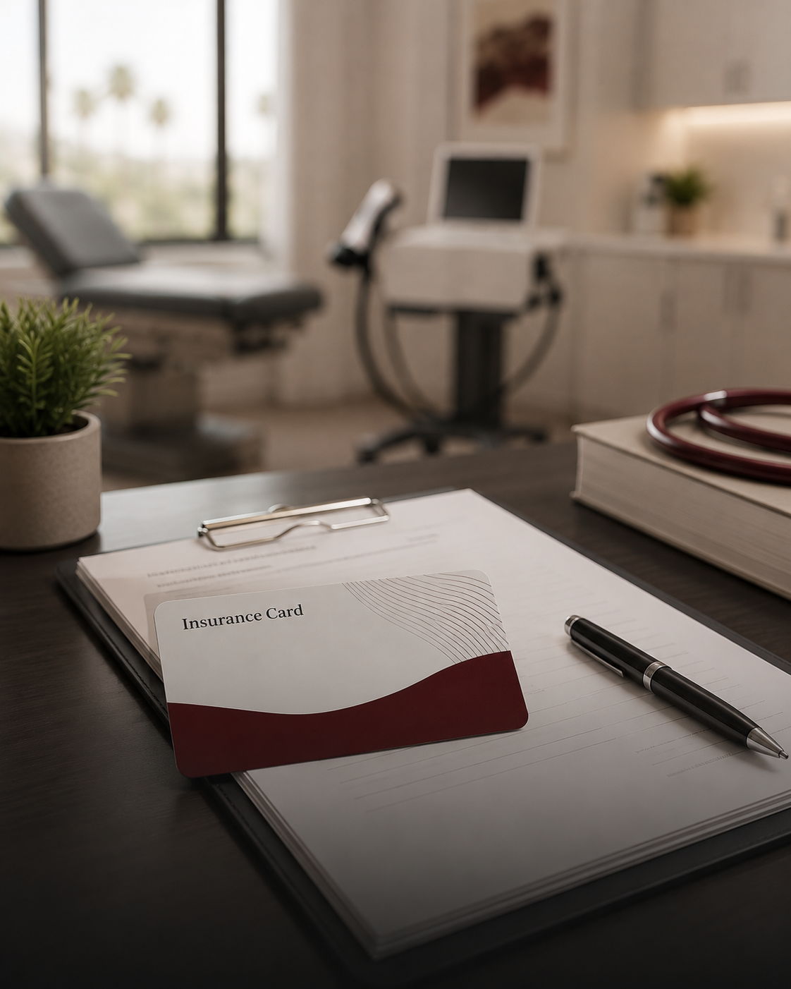 An insurance card resting on a clipboard in a Palm Springs Urology treatment room.